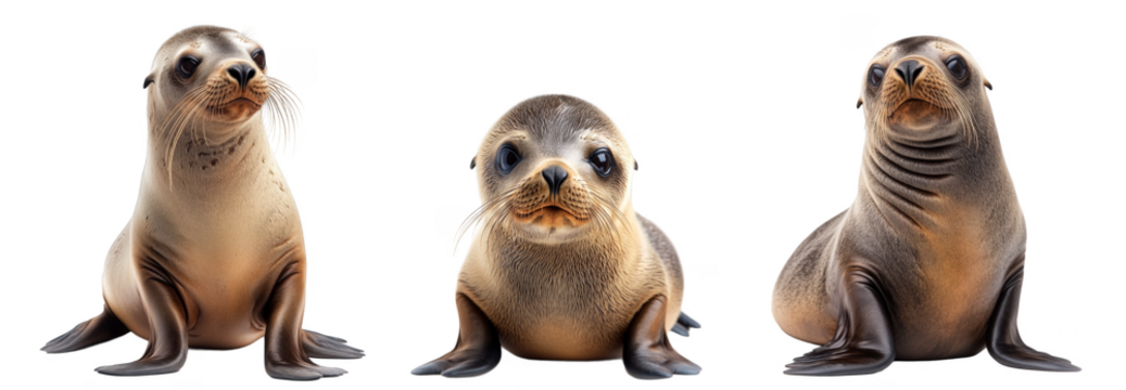 Seals with expressive eyes and playful poses marine animals on white transparent background