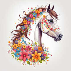 Horse design composed of cute flowers on white background