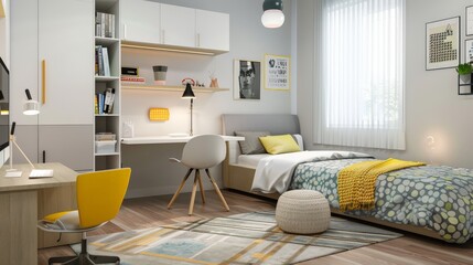 A desk for studying and a bed in a teenage room. 3D depiction.