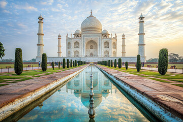 Fototapeta premium The Taj Mahal Shines at Sunrise: A Stunning Reflection of Love and Architectural Grandeur that Captures Hearts Worldwide.