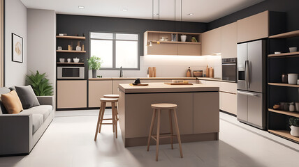 modern kitchen with sleek appliances, island counter, and minimalistic decor in a contemporary apartment setting