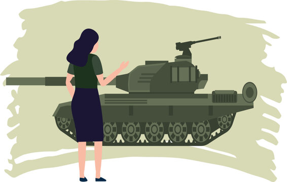 recommend clip art: The girl is looking at the military tank.