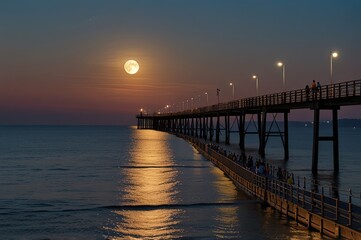 Fototapeta premium Full moon in July at the pier in Gdynia Orlowo. 