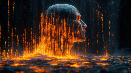 Fototapeta premium Side profile of a futuristic artificial intelligence computer head with glowing lines and data