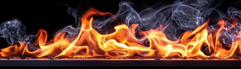 Fototapeta premium A black background illuminated by intense flames and swirling gray smoke creating a dramatic effect