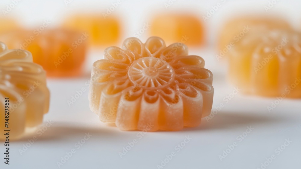 Poster a close-up of a hard candy with a unique, intricate design, sitting on a white surface, emphasizing 