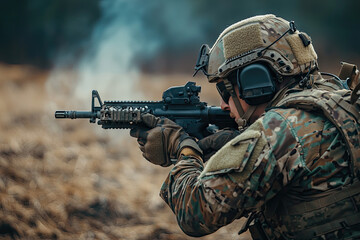 A soldier in tactical gear skillfully reloads a weapon, embodying focus and readiness during intense training exercises.