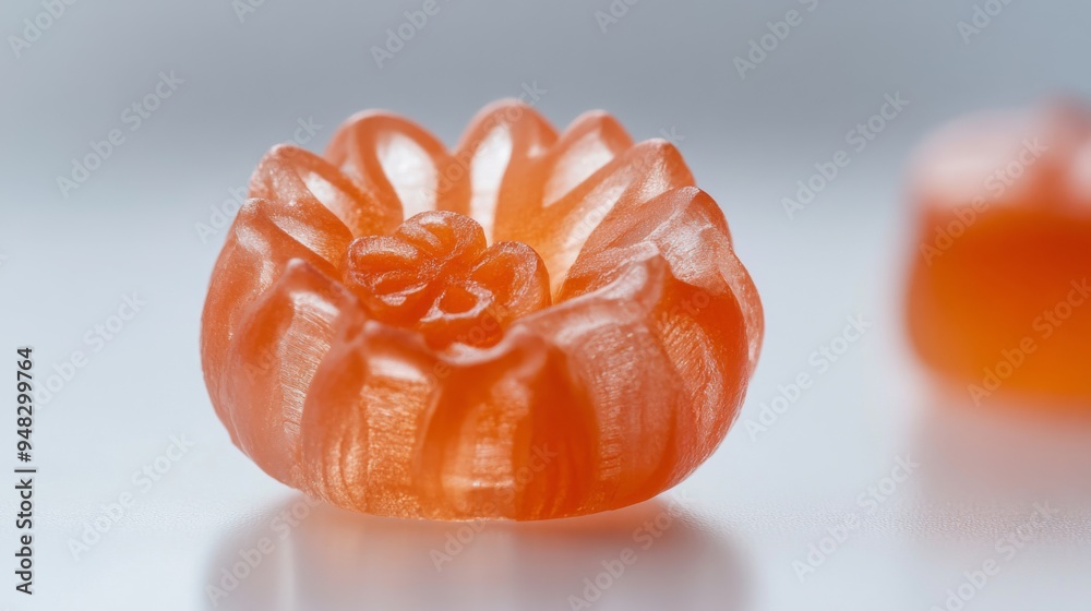 Poster a close-up of a hard candy with a unique, intricate design, sitting on a white surface, emphasizing 