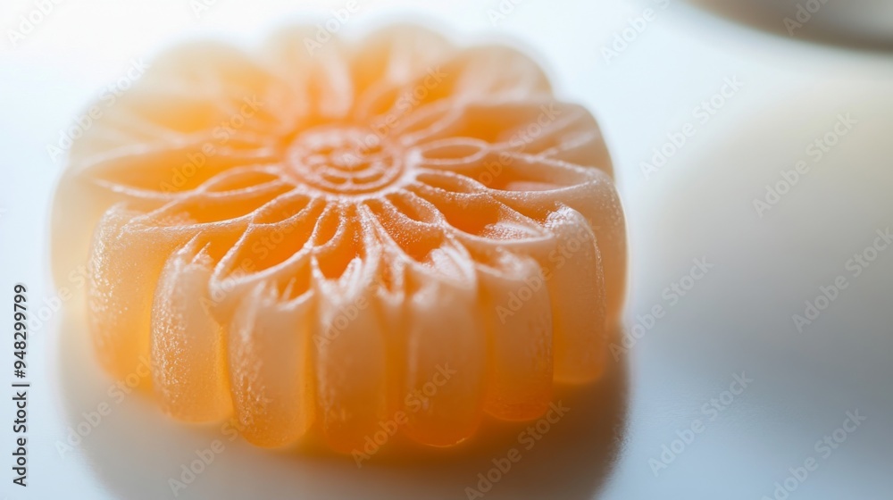 Poster a close-up of a hard candy with a unique, intricate design, sitting on a white surface, emphasizing 