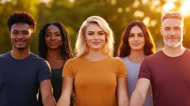 Diverse group of young adults standing together in a park during golden hour, showcasing unity and friendship