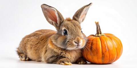 Fototapeta premium Adorable brown-haired rabbit cuddles an ornate orange Halloween pumpkin on a clean white background, capturing the playful spirit of the festive autumn holiday season.