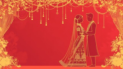 A beautiful illustration of a bride and groom in silhouette against a red background, adorned with intricate golden decorations, symbolizing love, tradition, celebration, unity, and new beginnings.