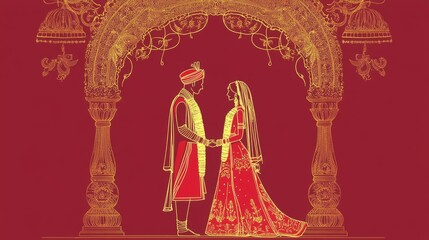 A beautiful illustration depicting a traditional Indian wedding ceremony. The bride and groom stand beneath a grand floral archway, symbolizing the union of two souls, love, and new beginnings.  The i