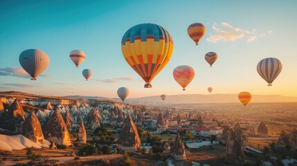 Obraz premium A breathtaking view of colorful hot air balloons floating over the unique rock formations of Cappadocia at sunrise.