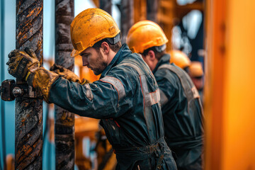 Focused Oil Rig Workers Collaborate on Their Task Amidst a Vibrant Industrial Setting, Showcasing Teamwork and Dedication.