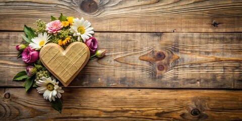 Fototapeta premium Rustic wooden background with heart and flowers, nature-inspired design perfect for romantic themes