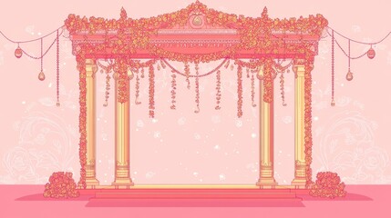 A beautiful outline  illustration of a traditional Indian wedding mandap arch adorned with vibrant flowers, garlands, and intricate details. The arch symbolizes love, new beginnings, and the sacred un