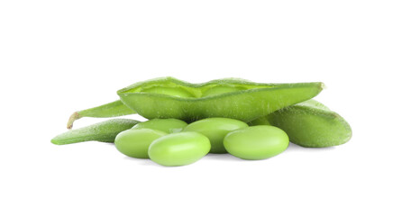 Raw green edamame pods with soybeans isolated on white