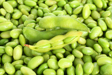 Raw green edamame pods on soybeans as background, closeup