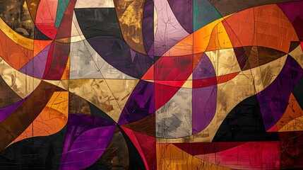 Fototapeta premium An abstract canvas featuring a bold mix of geometric shapes and fluid lines, with rich colors like deep reds, purples, and gold, interweaving to form an intricate tapestry of color