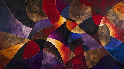 Fototapeta premium An abstract canvas featuring a bold mix of geometric shapes and fluid lines, with rich colors like deep reds, purples, and gold, interweaving to form an intricate tapestry of color