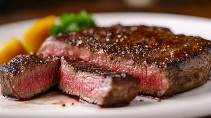 A close-up of a perfectly seasoned steak with a few slices showing the juicy interior, placed on a white plate with minimalistic presentation.