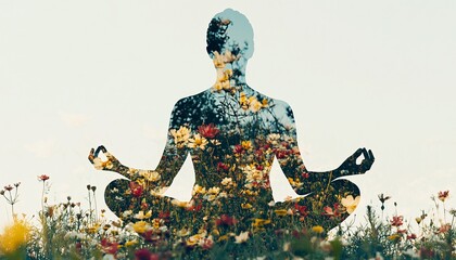 Obraz premium Double Exposure of a Meditating Figure in Harmony with Nature Meditation mindfulness