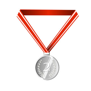 Silver Medal with Red and White Ribbon for Second Place Achievement - Award Symbol of Honor, Excellence, and Recognition - Vector Illustration for Sports, Competitions, Championships, and Runner-Up Aw