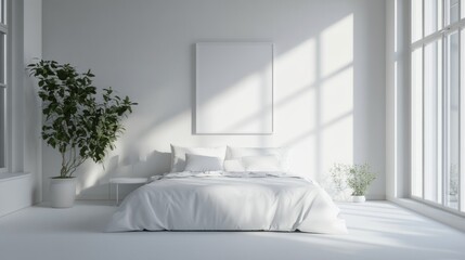 Minimalist Bedroom with White Bed and Blank Canvas