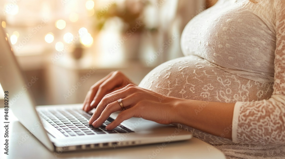 Wall mural a close-up shot of a pregnant womanhands typing on a laptop, symbolizing productivity and the balanc