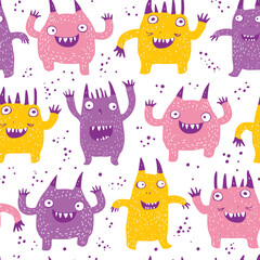 Cute pink, purple and yellow monsters seamless pattern. Funny colorful creatures, little mutants or aliens, spooky fantasy characters, childish collection.