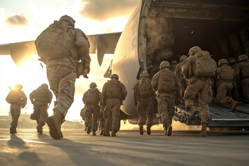 Courage in Action: Troops Mobilize Aboard Military Transport for a Strategic Mission Under the Setting Sun's Glow