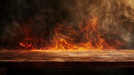 Fototapeta premium Wooden Tabletop with Fiery Background