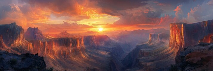 A breathtaking panoramic view of a rugged mountain landscape bathed in the golden hues of a setting sun. The dramatic cliffs and canyons create a sense of awe and wonder, while the fiery sky symbolize