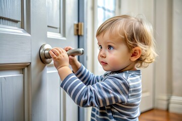 Adorable two-year-old toddler struggles to open closed door, gripping door handle with tiny hands, expressing determination and curiosity in a classic childhood moment.