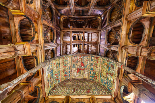 Decorated ceiling of the 12th century Stave church in Torpo, Norway