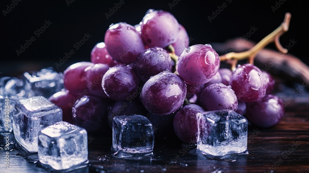 Poster A cluster of fresh purple grapes surrounded by shimmering ice cubes on a dark wooden surface, capturing the contrast between