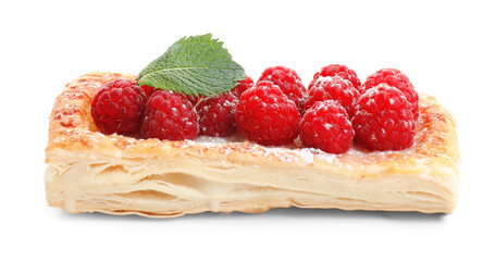 Tasty puff pastry with raspberries and mint isolated on white