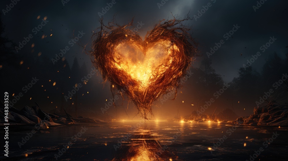 Sticker fiery heart in the night