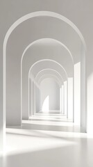 Obraz premium A serene corridor featuring elegant arches, bathed in soft light, creating a tranquil and minimalistic atmosphere.