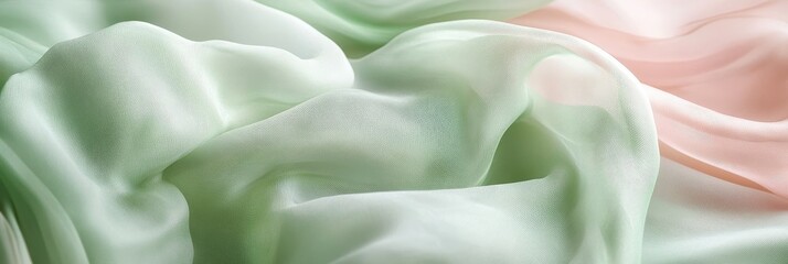 Obraz premium A calming and harmonious blend of soft green and peach silk fabric, creating a gentle, flowing drape. The fabric's texture is delicate and inviting, symbolizing tranquility, elegance, and natural beau