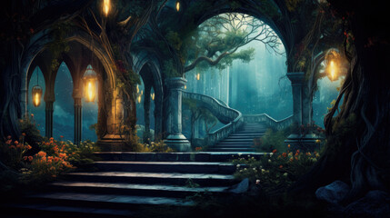 Fototapeta premium A winding staircase ascending to a majestic castle in the woods at night