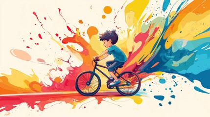 Boy Riding a Bike with Colorful Paint Splashes in Cartoon Style