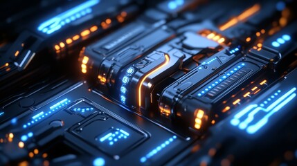 Advanced military connector made from beryllium copper, set within a sleek futuristic weapons system, glowing with blue neon circuits, 3D render, high detail, dark metallic hues