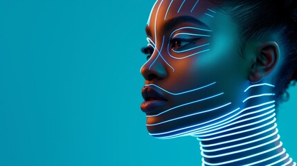 A woman's face is illuminated with blue light, creating a futuristic and otherworldly appearance. The lines on her face are emphasized, giving her a unique and striking look