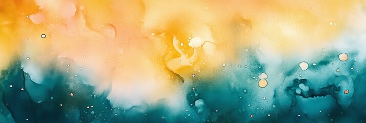 A captivating abstract watercolor background featuring a blend of vibrant yellow and cool teal hues. The colors create a sense of movement and depth, evoking feelings of tranquility and energy.
