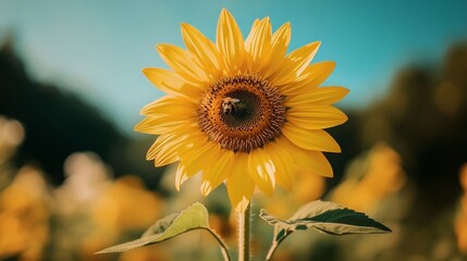 Fototapeta premium A close-up of a single sunflower with a bee collecting nectar, showcasing the intricate details of the flower's petals and its role in the ecosystem.