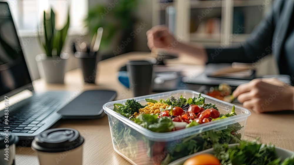 Canvas Prints A reusable lunch container placed on a work desk, with a person preparing to enjoy their meal