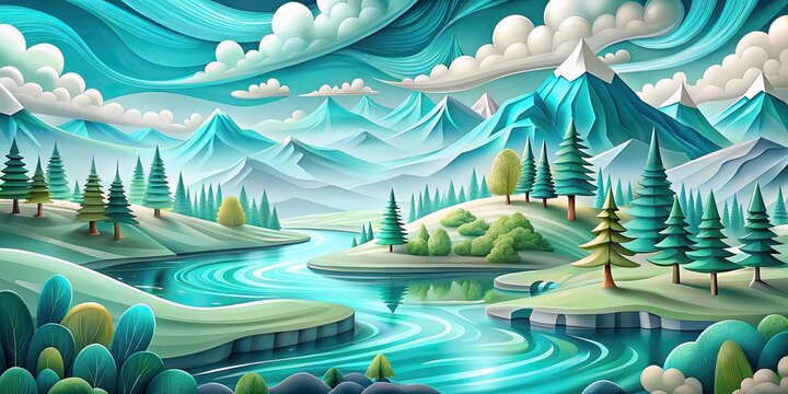 Whimsical landscape with rolling hills and fluffy clouds.