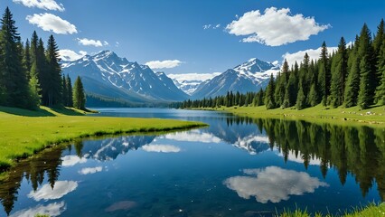 Tranquil mountain lake with snow capped peaks reflected in still water.